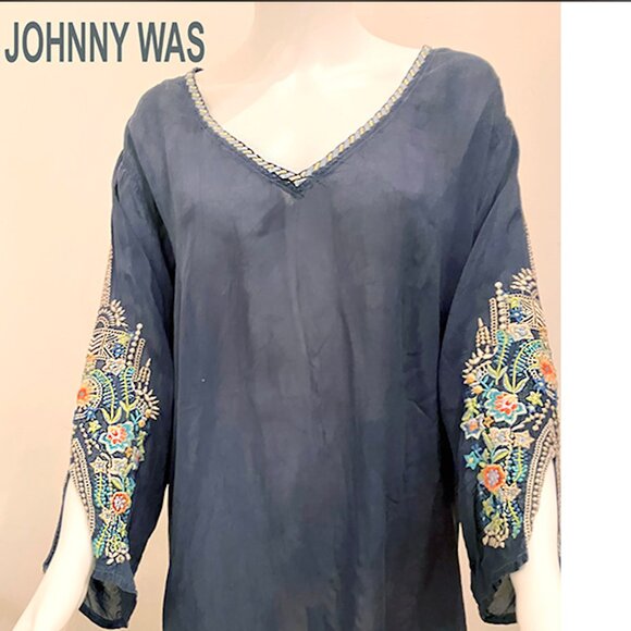 Johnny Was teal embroidered cupro tunic, V-Neck 3/4 Sleeves , Plus size 2/3X - Picture 1 of 6